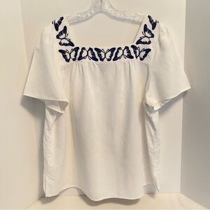 Talbots Women's Butterfly Embroidered Linen Cotton Square Neck Top White Size 2X